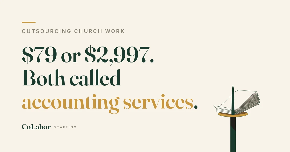 $79 or $2,997. Both called accounting services. Illustration: a receipt spindle stacked with receipts, gold base.