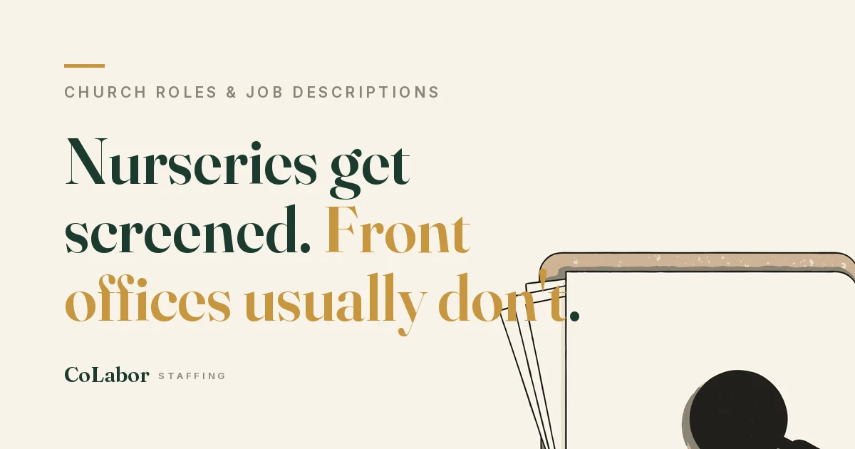 Nurseries get screened. Front offices usually don't. Illustration: a manila folder with papers peeking out, a magnifying glass resting on its corner, and a gold index tab.