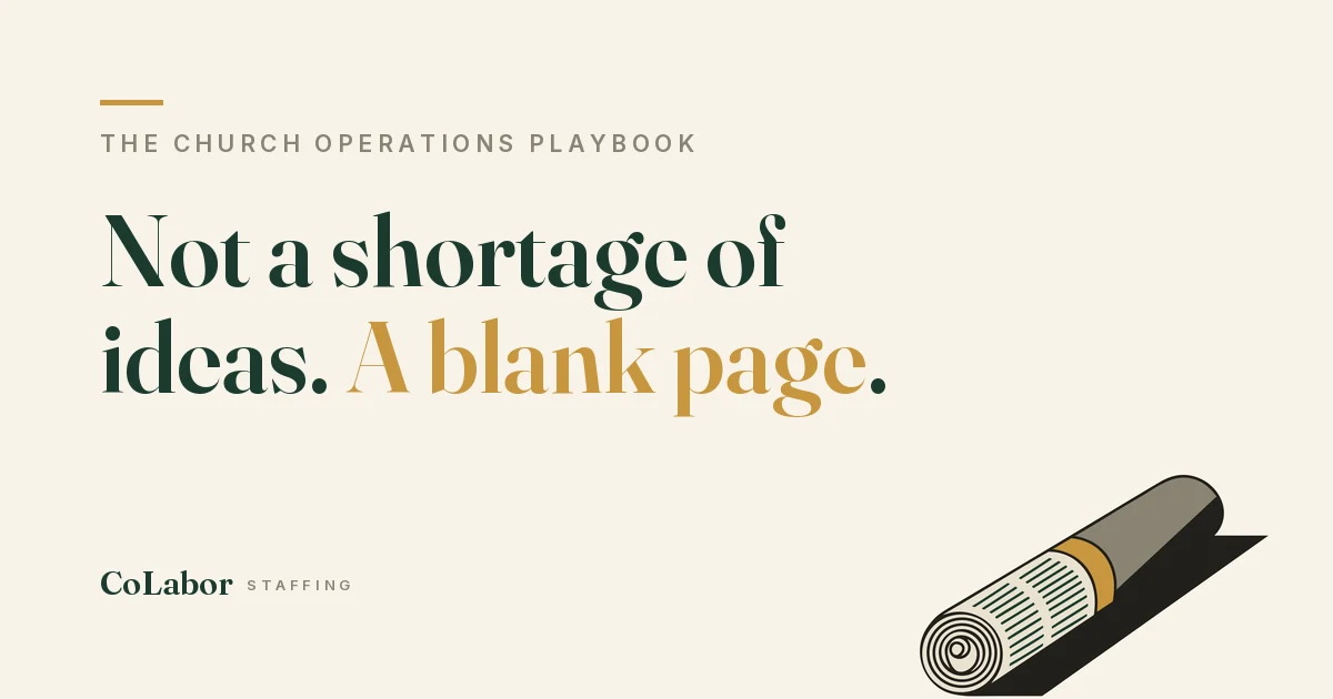 Not a shortage of ideas. A blank page. Illustration: a rolled newsletter with a gold paper band.